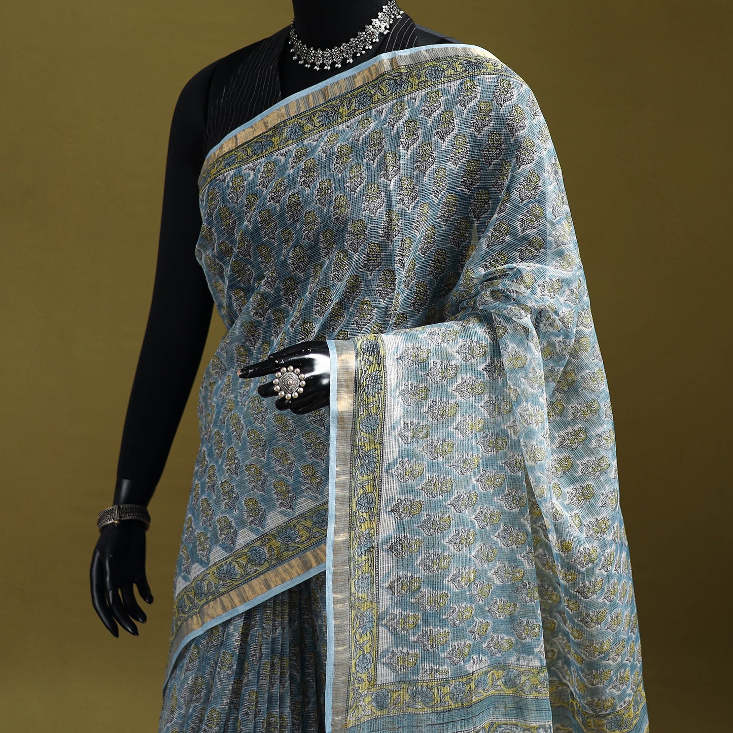 Blue - Sanganeri Hand Block Print Kota Doria Cotton Saree 04
