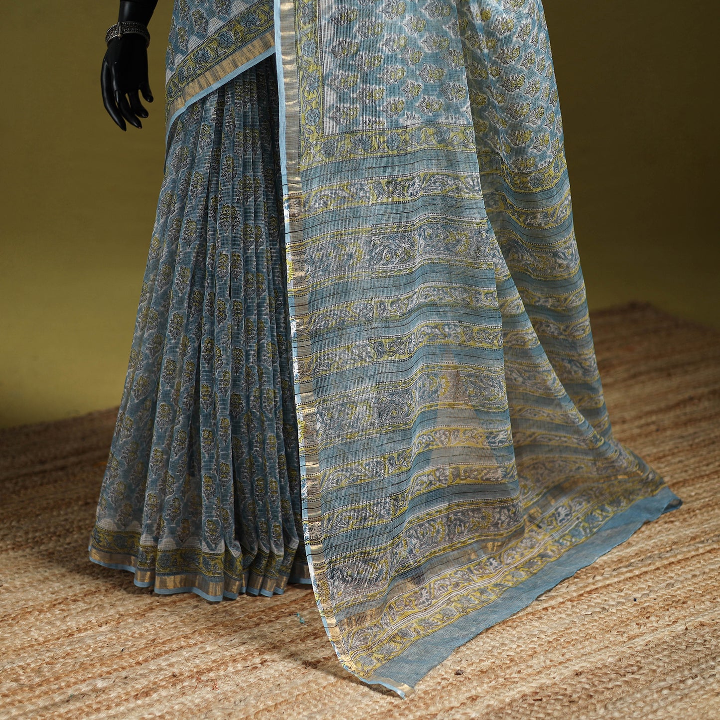 Blue - Sanganeri Hand Block Print Kota Doria Cotton Saree 04