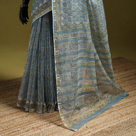 Blue - Sanganeri Hand Block Print Kota Doria Cotton Saree 04