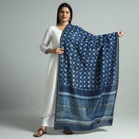 Blue - Akola Dabu Block Printed Handloom Chanderi Silk Dupatta with Zari Border 69