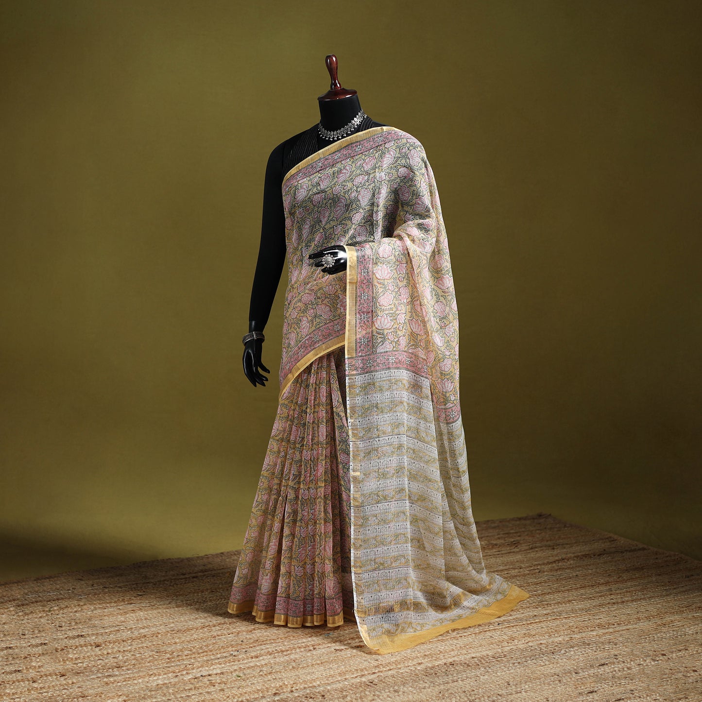 Yellow - Sanganeri Hand Block Print Kota Doria Cotton Saree 05