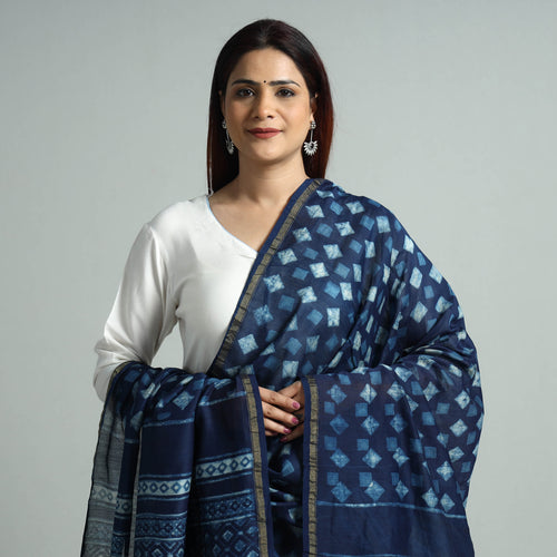 Blue - Akola Dabu Block Printed Handloom Chanderi Silk Dupatta with Zari Border 69