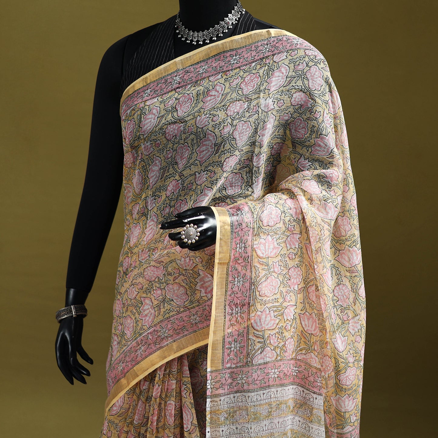 Yellow - Sanganeri Hand Block Print Kota Doria Cotton Saree 05