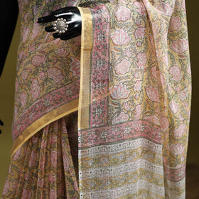 Yellow - Sanganeri Hand Block Print Kota Doria Cotton Saree 05