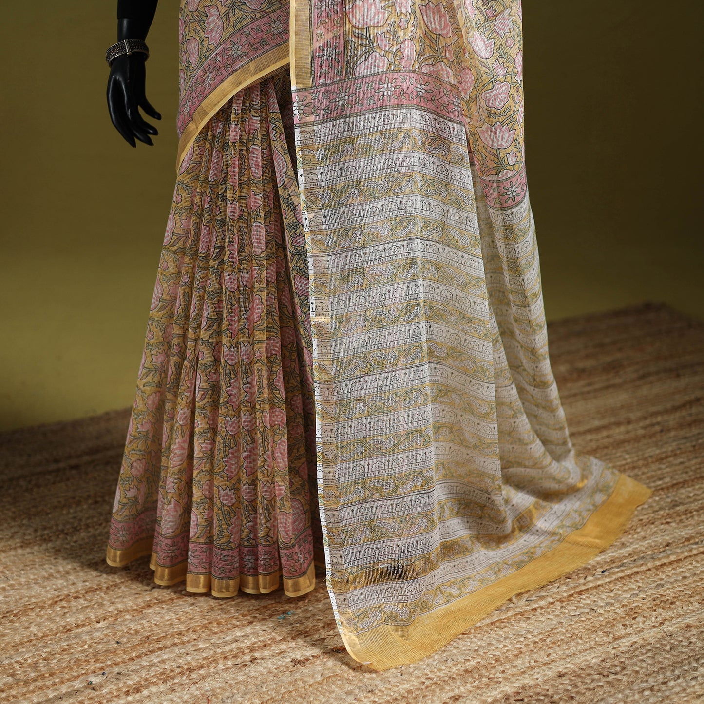 Yellow - Sanganeri Hand Block Print Kota Doria Cotton Saree 05