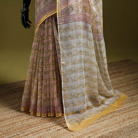 Yellow - Sanganeri Hand Block Print Kota Doria Cotton Saree 05