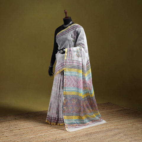 White - Sanganeri Hand Block Print Kota Doria Cotton Saree 06