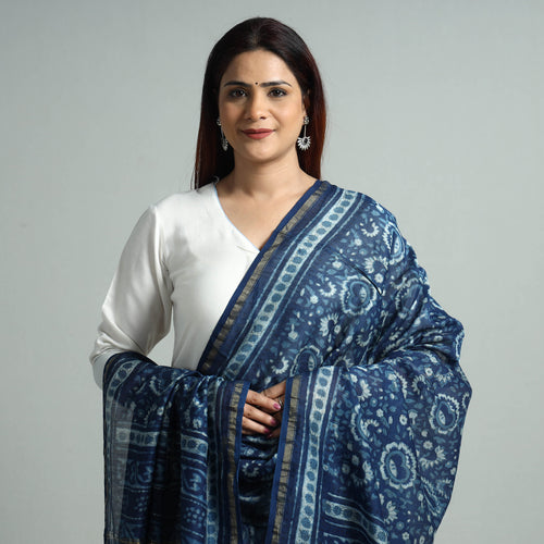 Blue - Akola Dabu Block Printed Handloom Chanderi Silk Dupatta with Zari Border 70