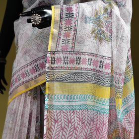White - Sanganeri Hand Block Print Kota Doria Cotton Saree 06