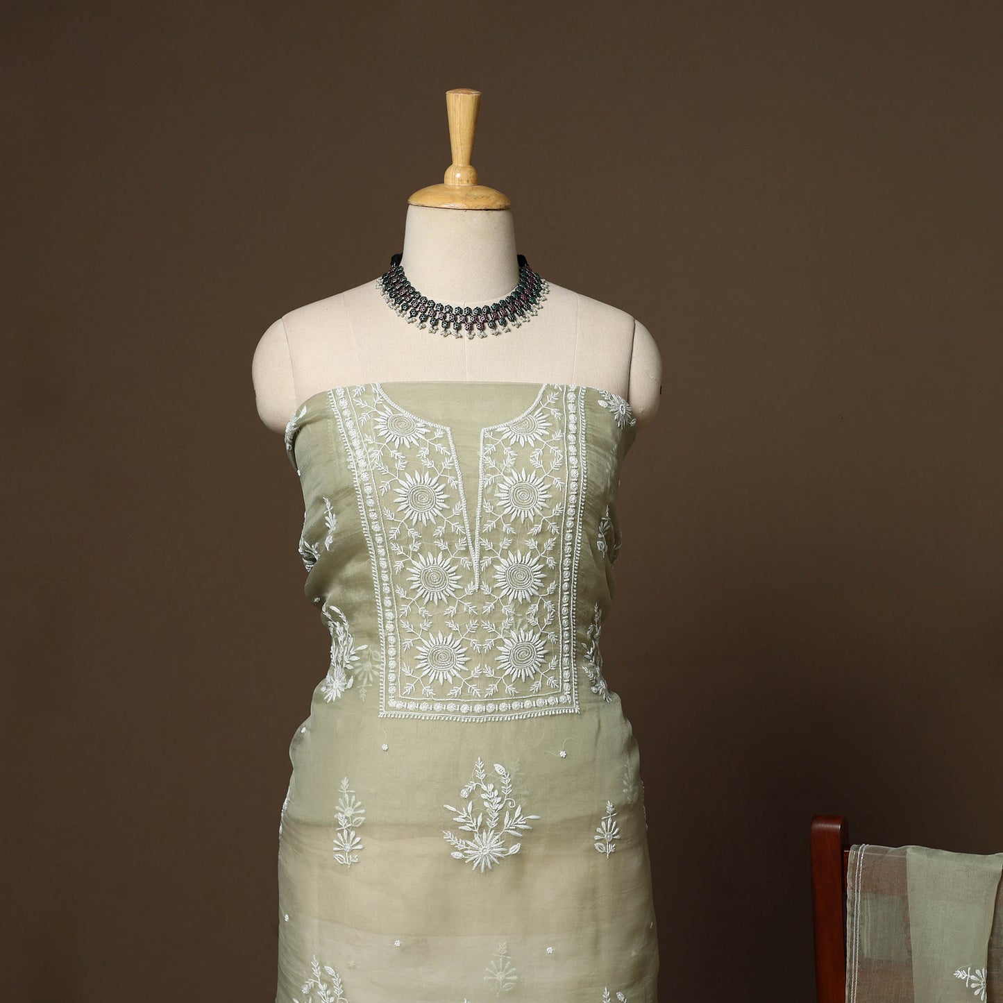 Green - 2pc organza silk unstitched hand beads work heavy