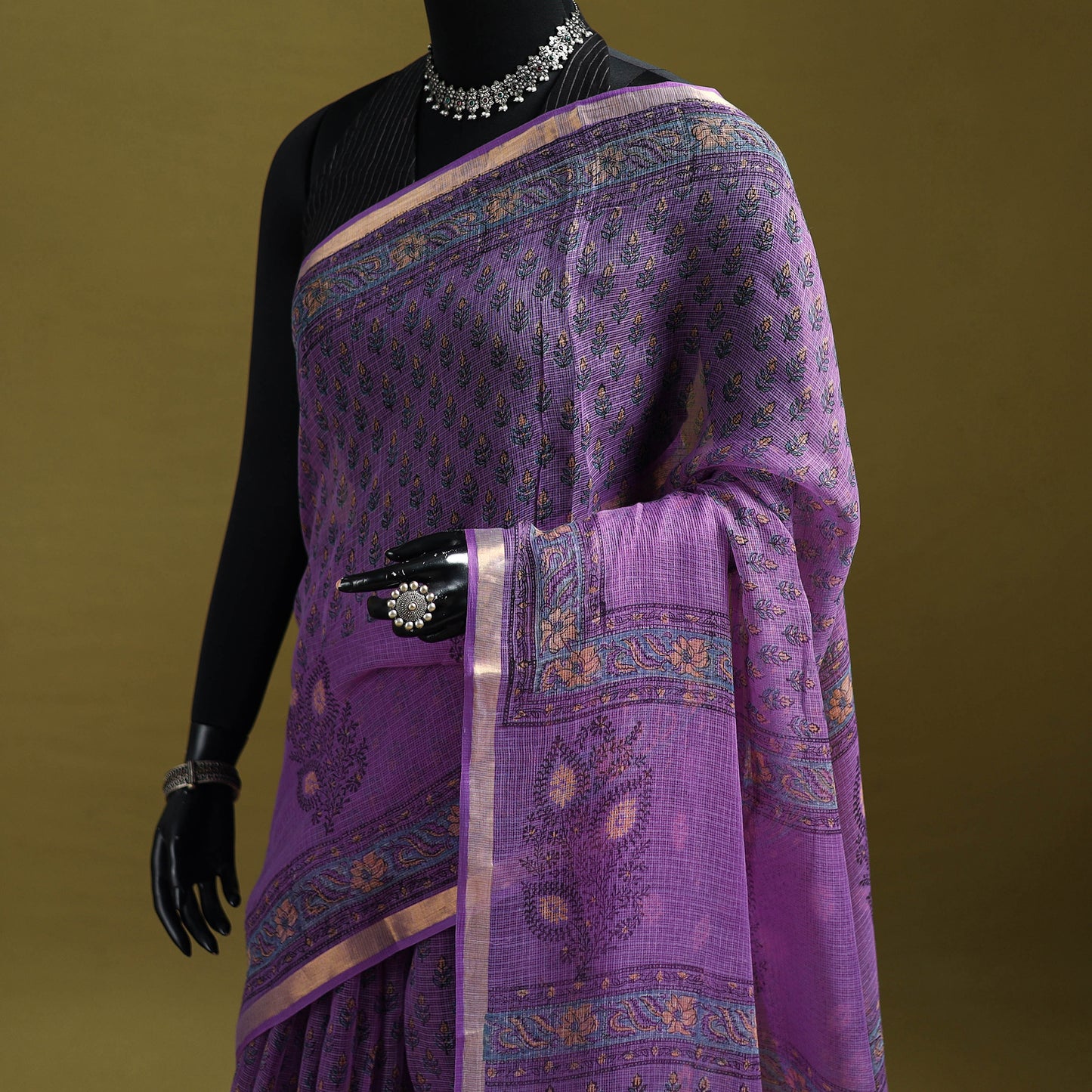 Purple - Sanganeri Hand Block Print Kota Doria Cotton Saree 07