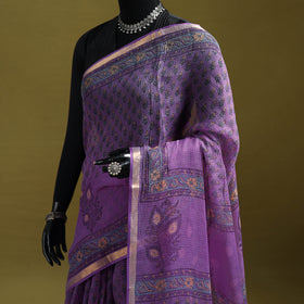 Purple - Sanganeri Hand Block Print Kota Doria Cotton Saree 07