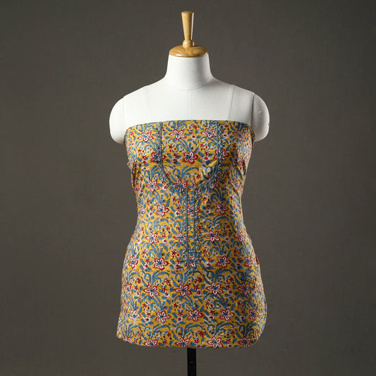Yellow - Embroidered Sanganeri Block Print Cotton Kurta Material with Beads - 2.5 Meter