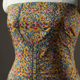  Embroidered Sanganeri Block Print Cotton Kurta Material with Beads - 2.5 Meter 