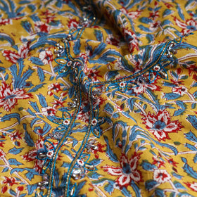  Embroidered Sanganeri Block Print Cotton Kurta Material with Beads - 2.5 Meter 