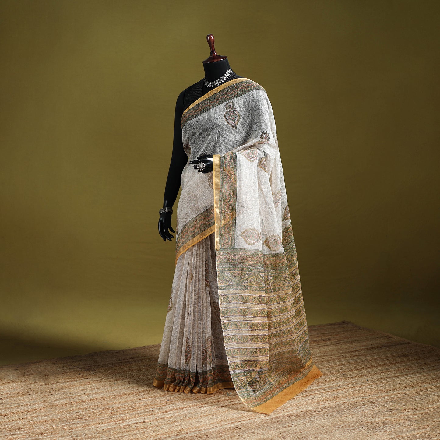 White - Sanganeri Hand Block Print Kota Doria Cotton Saree 09