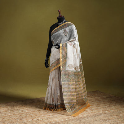 White - Sanganeri Hand Block Print Kota Doria Cotton Saree 09