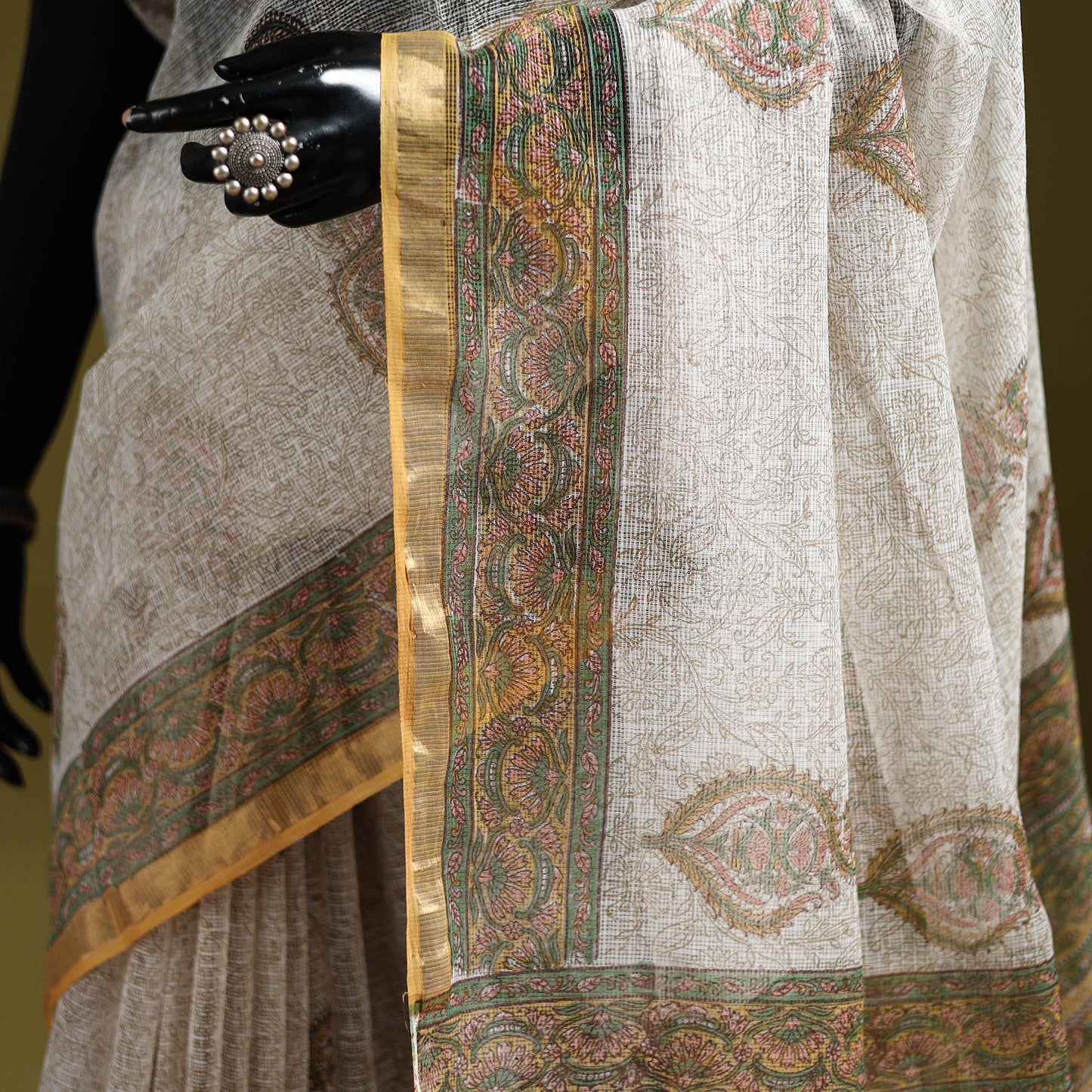 White - Sanganeri Hand Block Print Kota Doria Cotton Saree 09