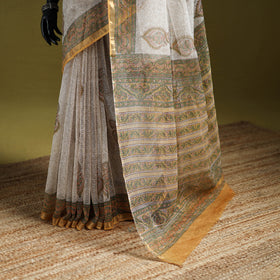 White - Sanganeri Hand Block Print Kota Doria Cotton Saree 09