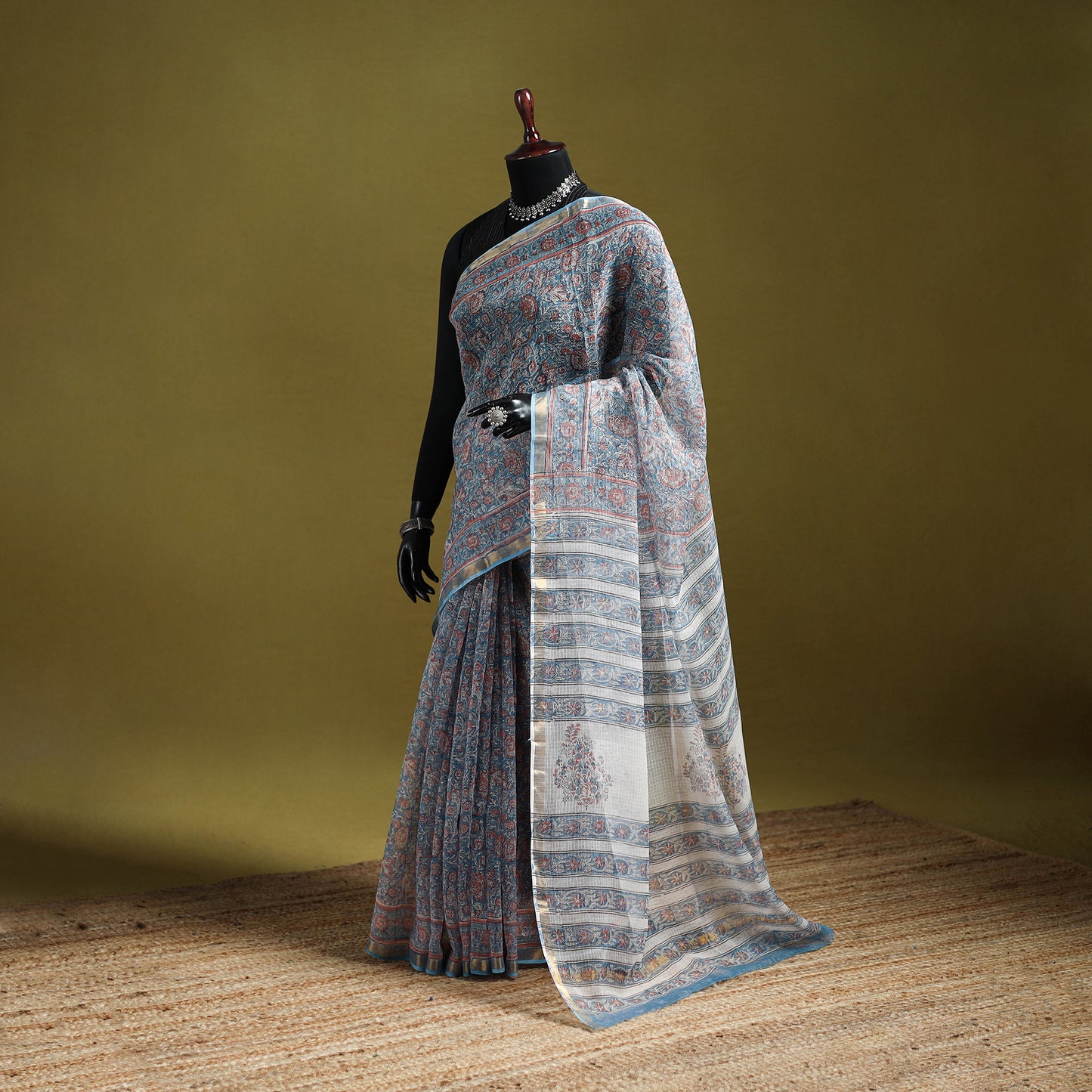 Blue - Sanganeri Hand Block Print Kota Doria Cotton Saree 10