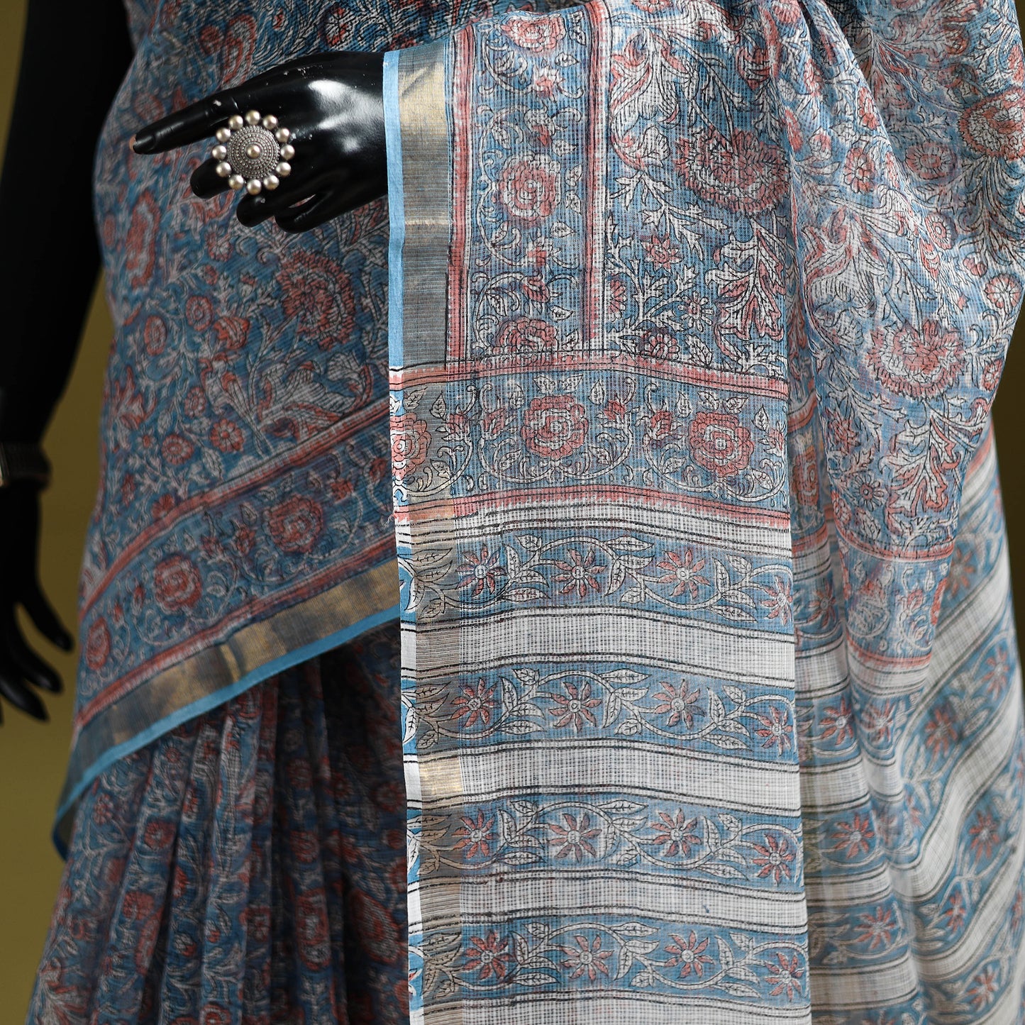 Blue - Sanganeri Hand Block Print Kota Doria Cotton Saree 10