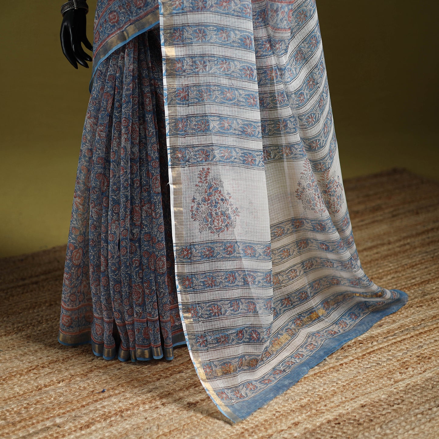 Blue - Sanganeri Hand Block Print Kota Doria Cotton Saree 10