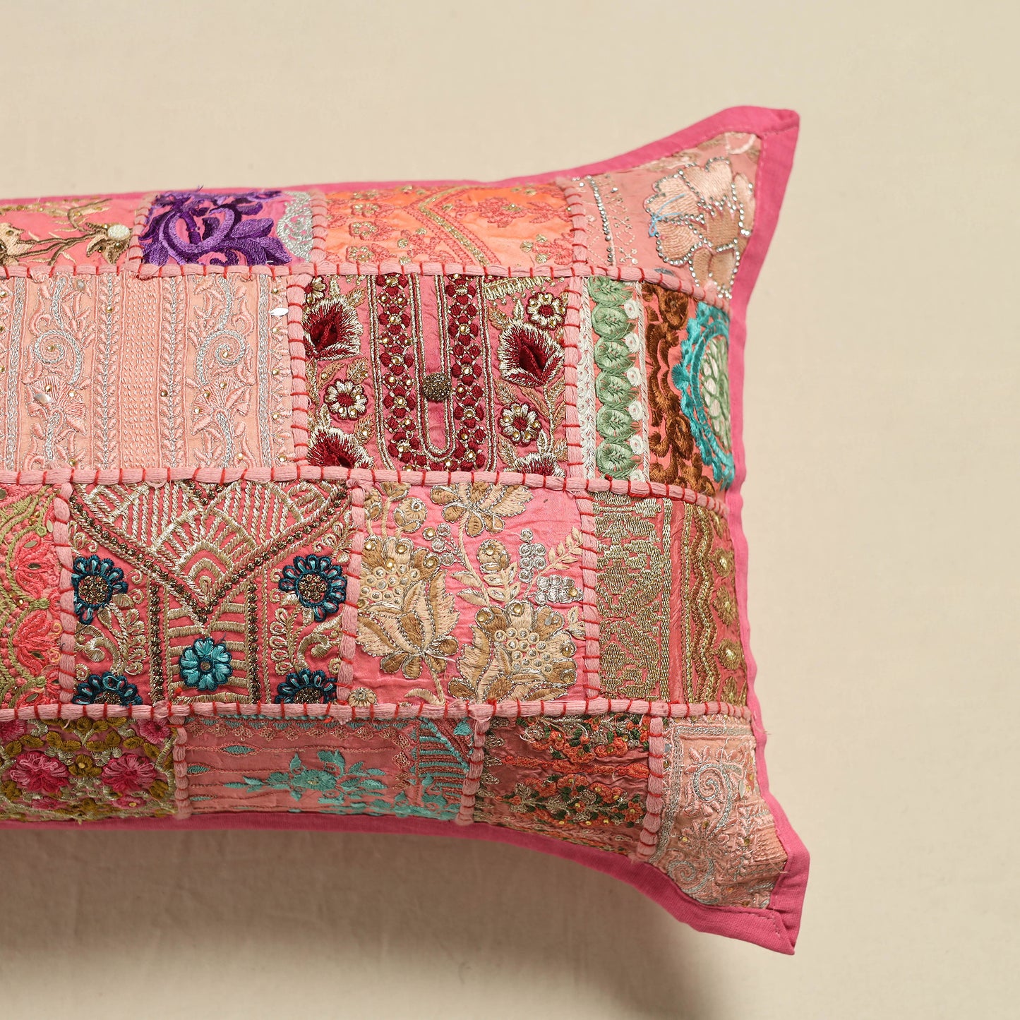 Hand Embroidered Khambadiya Patchwork Pillow Cover 01