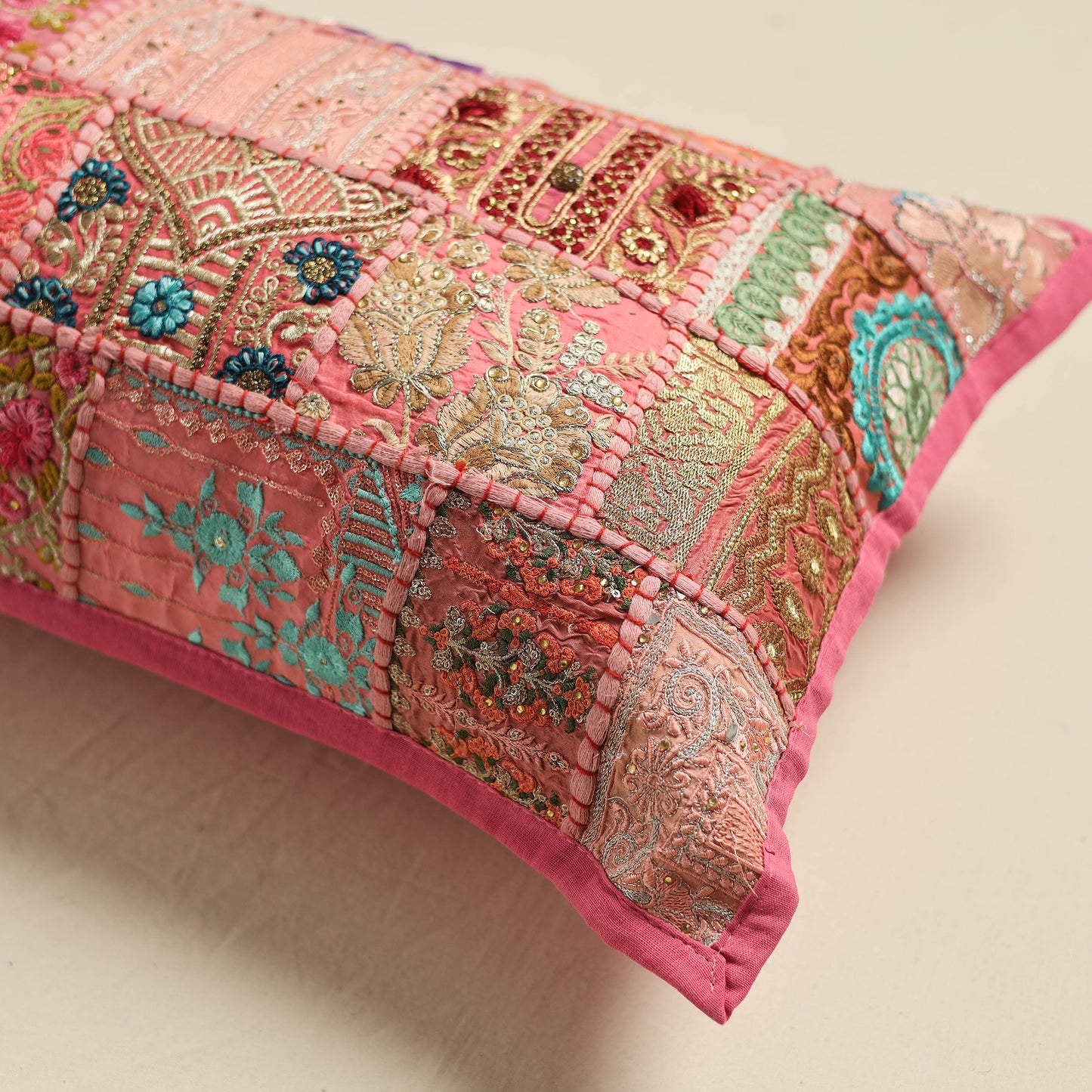 Hand Embroidered Khambadiya Patchwork Pillow Cover 01