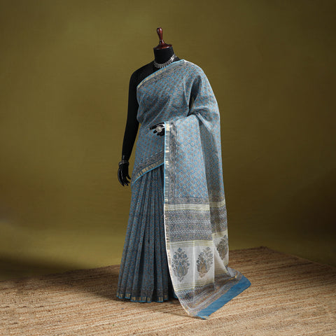Blue - Sanganeri Hand Block Print Kota Doria Cotton Saree 11