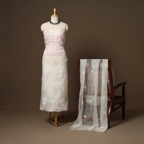 White - 2pc organza silk unstitched hand beads work heavy