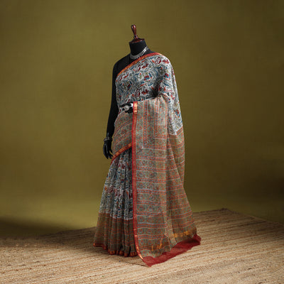 Multicolor - Sanganeri Hand Block Print Kota Doria Cotton Saree 12