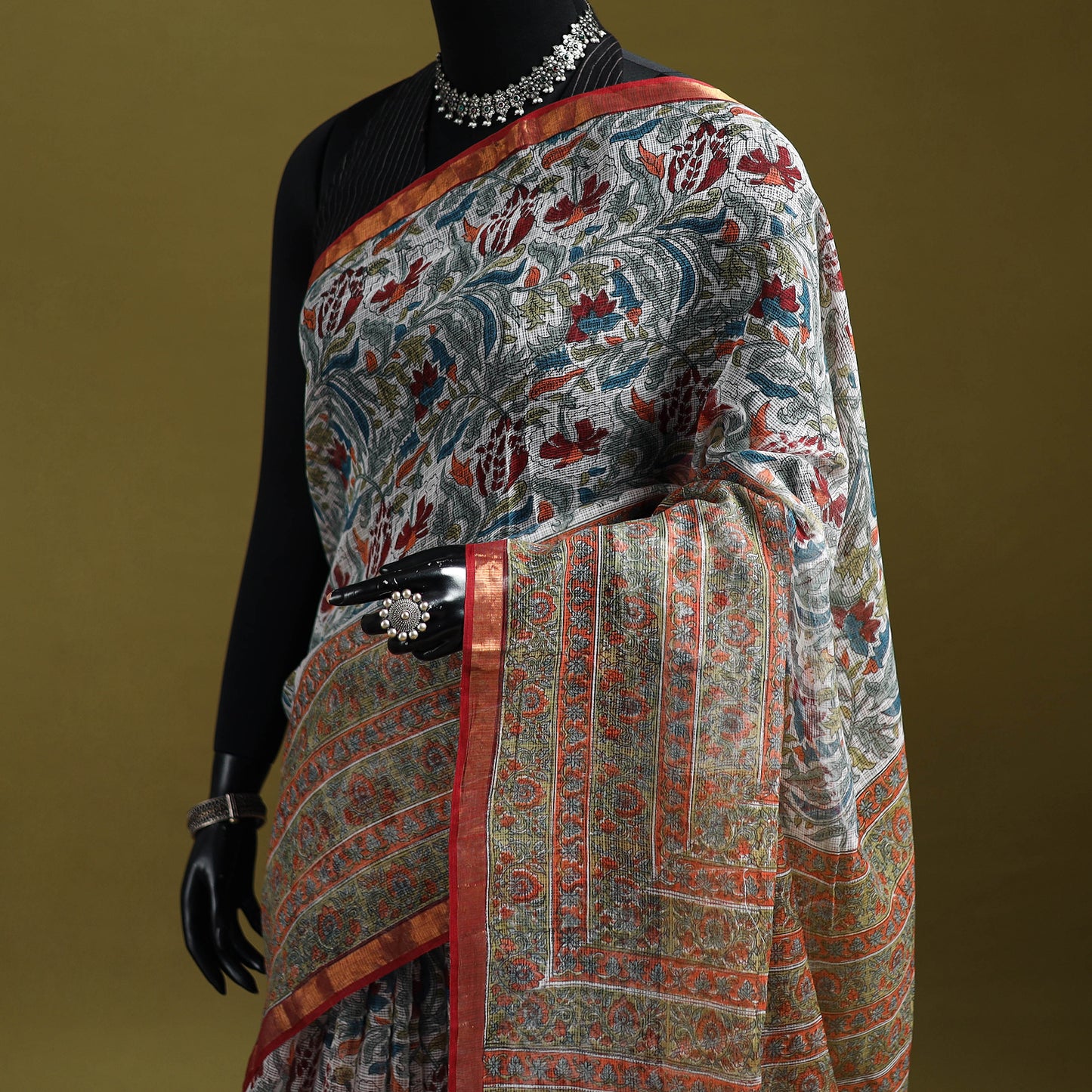 Multicolor - Sanganeri Hand Block Print Kota Doria Cotton Saree 12