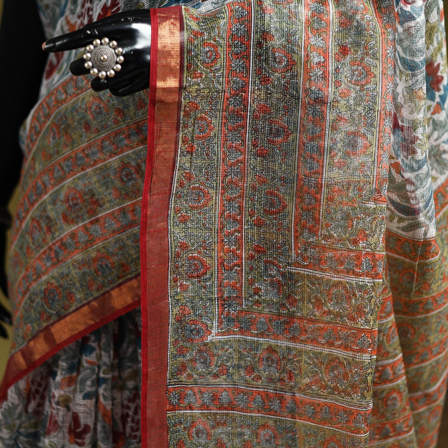 Multicolor - Sanganeri Hand Block Print Kota Doria Cotton Saree 12