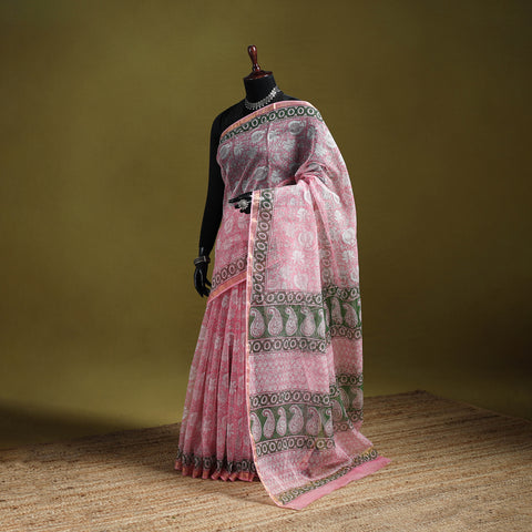 Pink - Sanganeri Hand Block Print Kota Doria Cotton Saree 13