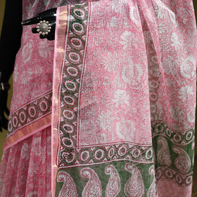 Pink - Sanganeri Hand Block Print Kota Doria Cotton Saree 13