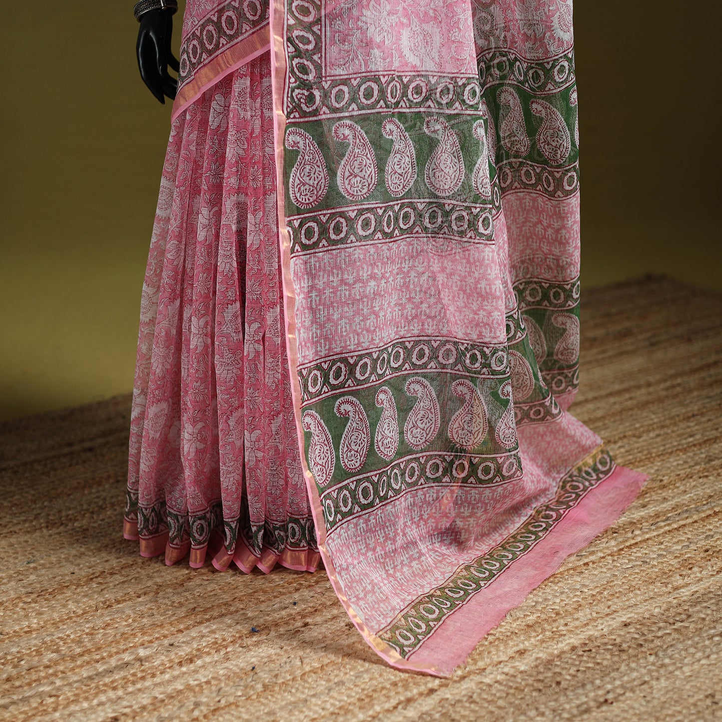 Pink - Sanganeri Hand Block Print Kota Doria Cotton Saree 13