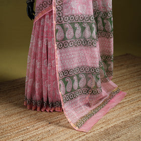 Pink - Sanganeri Hand Block Print Kota Doria Cotton Saree 13