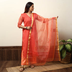 Orange - Leheriya Printed Kota Doria Kurta with Palazzo & Dupatta Set 19
