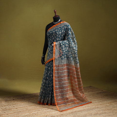 Blue - Sanganeri Hand Block Print Kota Doria Cotton Saree 14