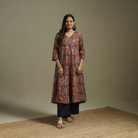 Pedana Block Print Natural Dyed Cotton Hand Embroidery A-Line Kalamkari Kurta 10