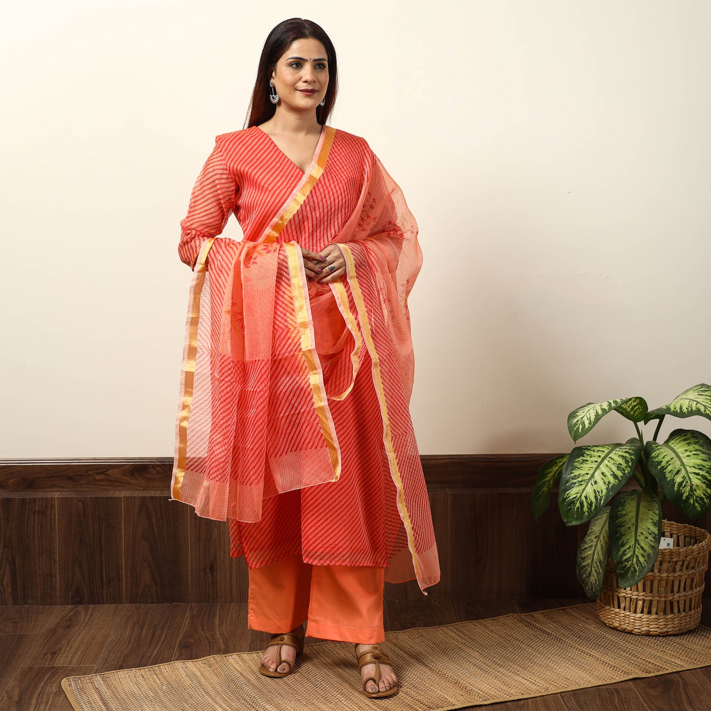 Orange - Leheriya Printed Kota Doria Kurta with Palazzo & Dupatta Set 19