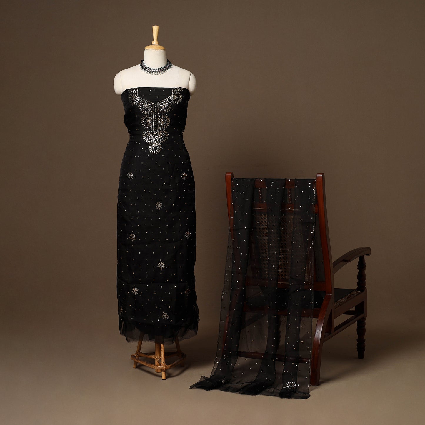 Black - 2pc organza silk unstitched mukaish handwork dress