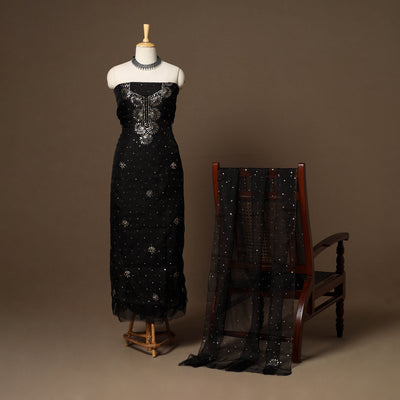 Black - 2pc organza silk unstitched mukaish handwork dress
