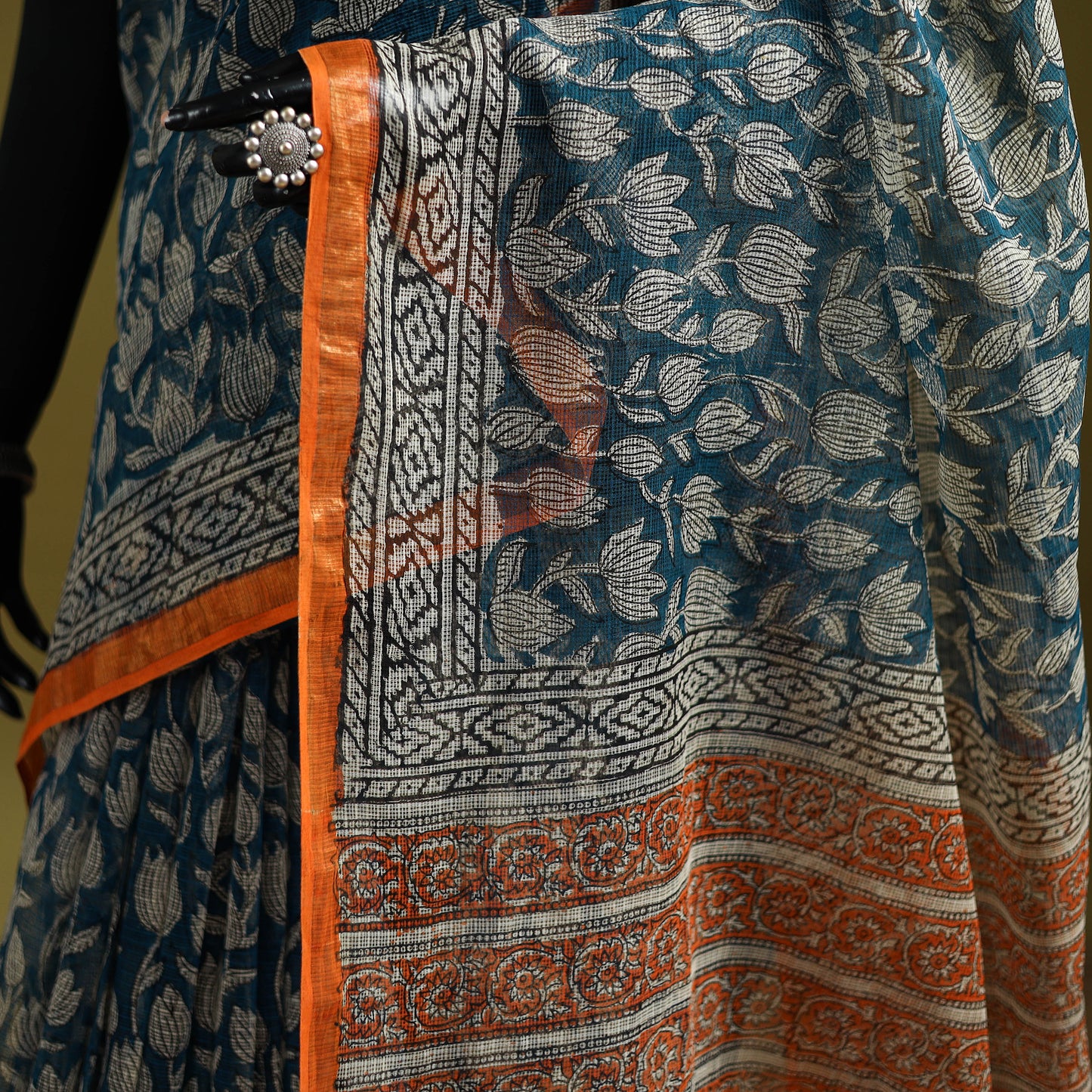 Blue - Sanganeri Hand Block Print Kota Doria Cotton Saree 14