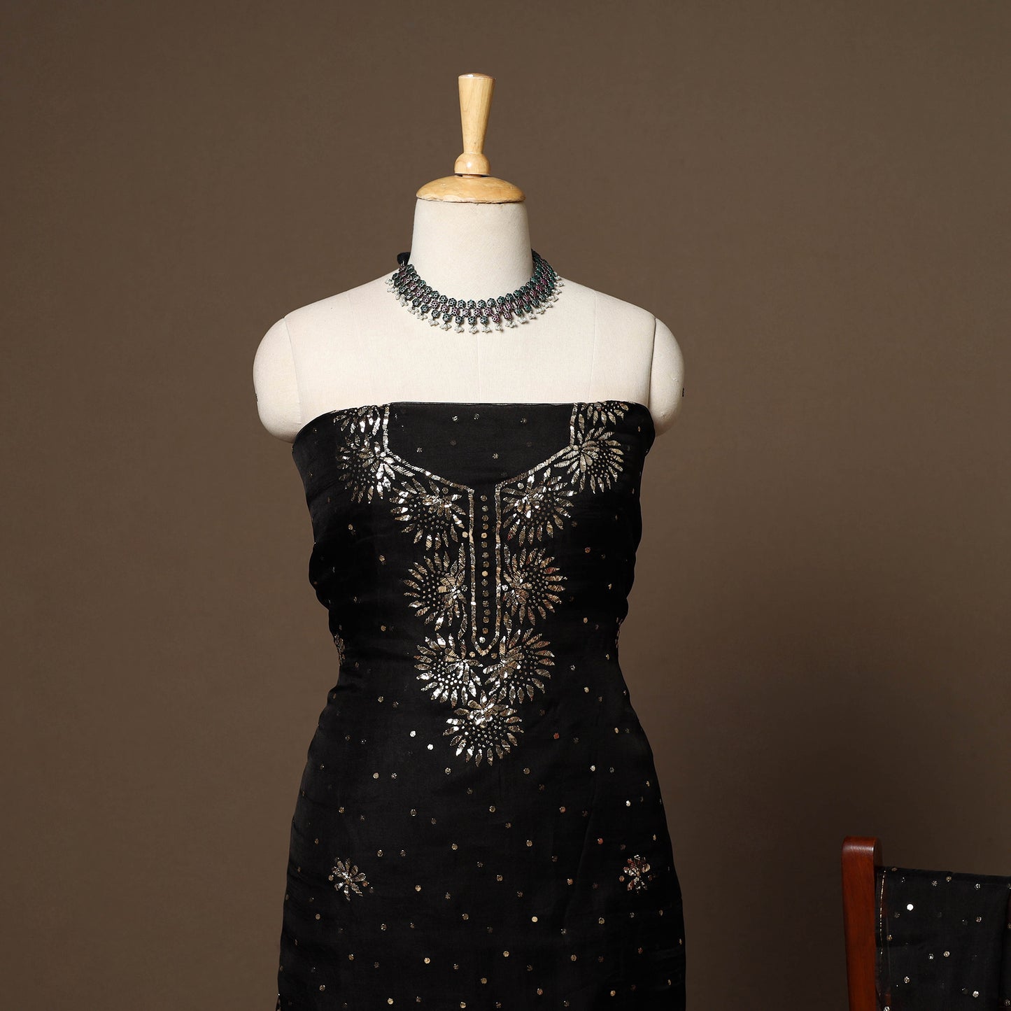 Black - 2pc organza silk unstitched mukaish handwork dress