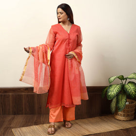 Orange - Leheriya Printed Kota Doria Kurta with Palazzo & Dupatta Set 19