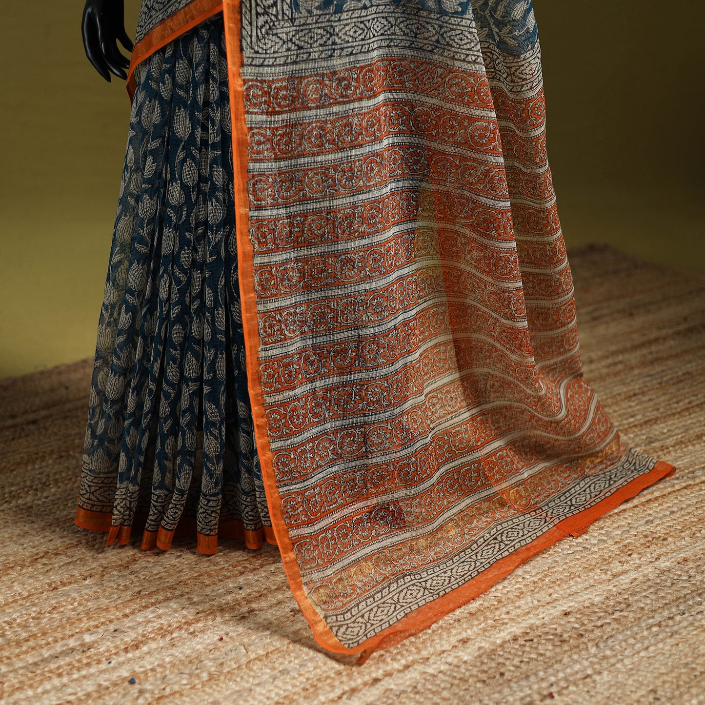 Blue - Sanganeri Hand Block Print Kota Doria Cotton Saree 14