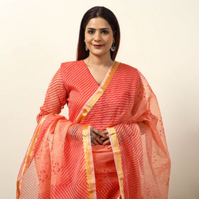 Orange - Leheriya Printed Kota Doria Kurta with Palazzo & Dupatta Set 19