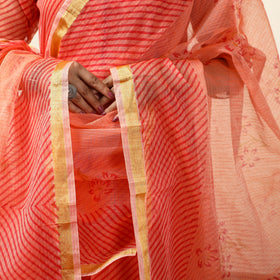 Orange - Leheriya Printed Kota Doria Kurta with Palazzo & Dupatta Set 19