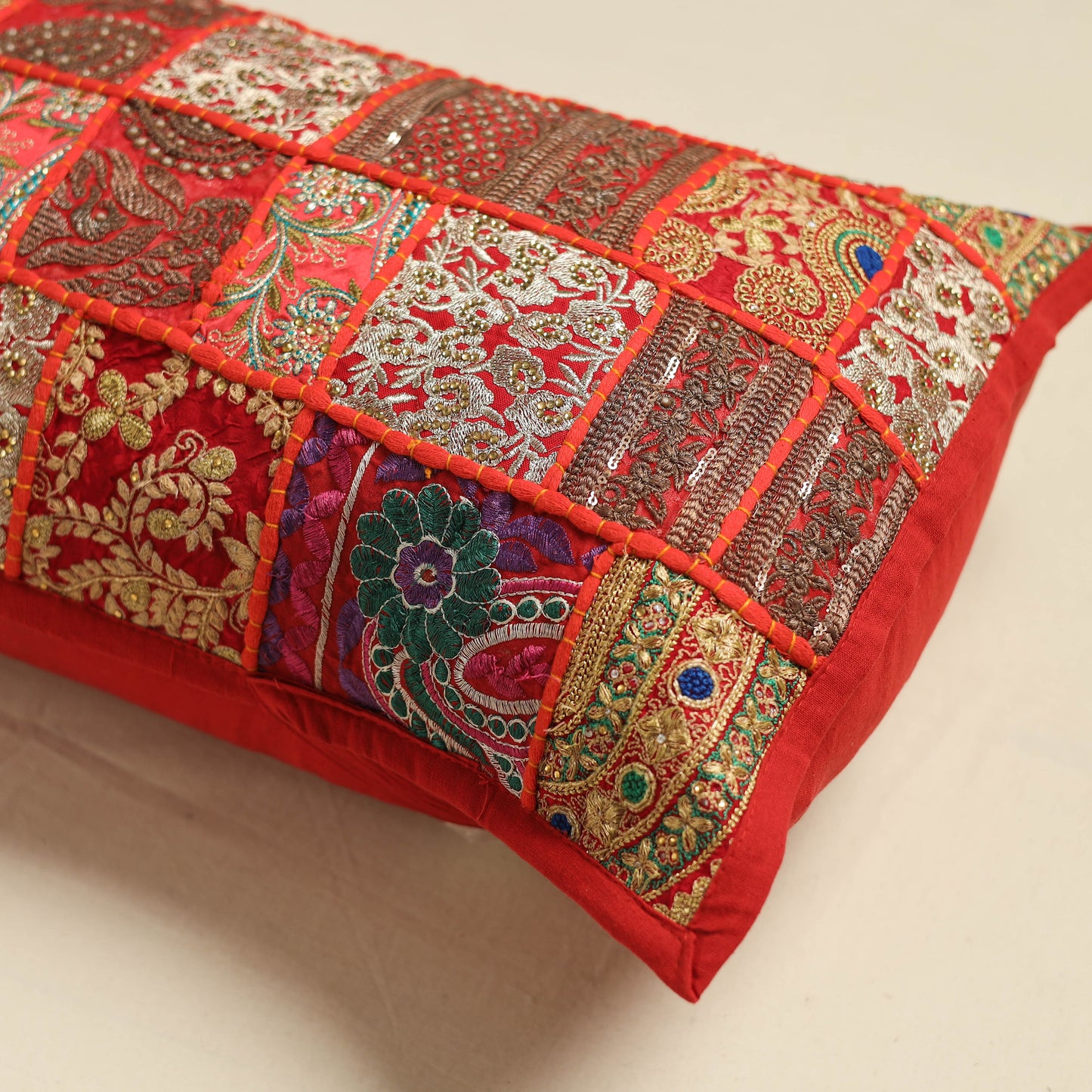 Khambadiya Patchwork Hand Embroidered Pillow Cover 03